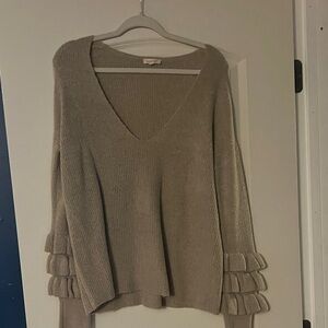 Chic Beige V-Neck Sweater with Ruffle Sleeves